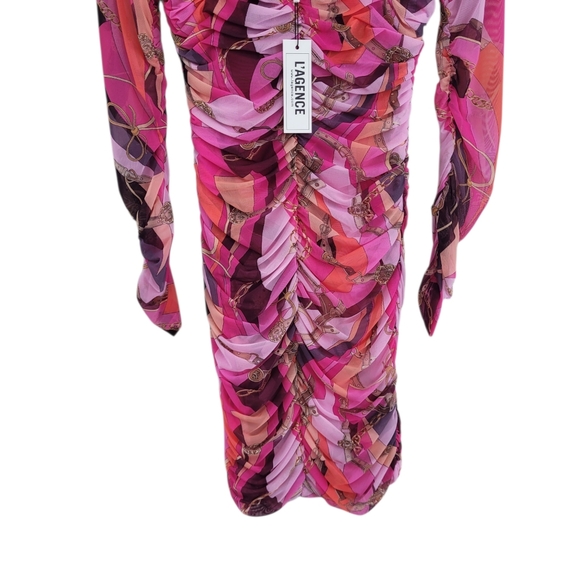 L'AGENCE Pink Multi Lolisa Ruched Long Sleeve Mesh Mini Dress Size 2 - Picture 4 of 14